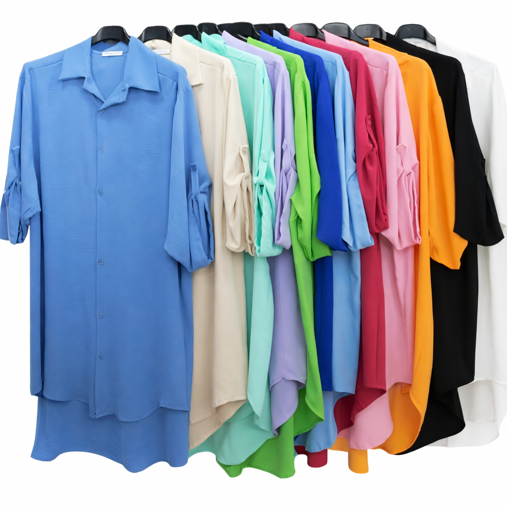 Italy Mode Oversize Longbluse Jäckchen Vokuhila Kofferware-Qualität 36-42 & 42-48 in vielen neuen Farben für Damen