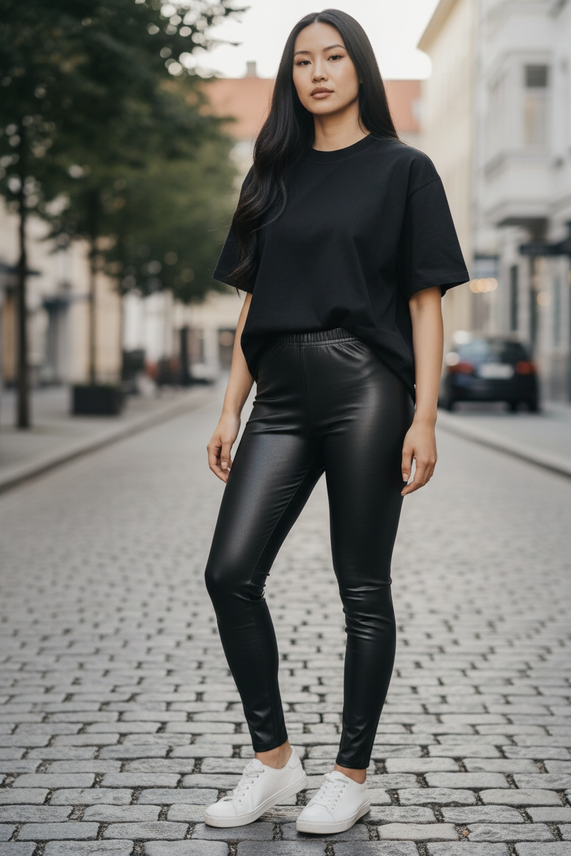 Stylische Glanz Shiny Lederoptik Leggings Schwarz S/M