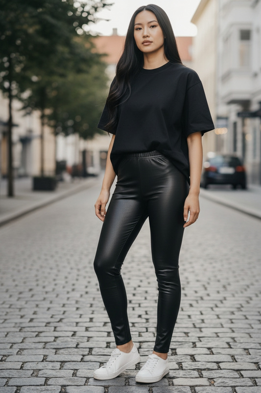 Stylische Glanz Shiny Lederoptik Leggings Schwarz S/M