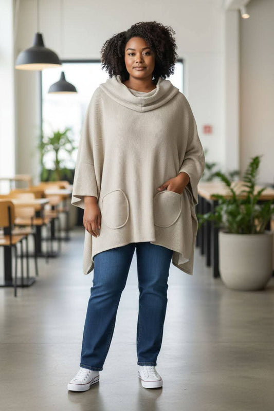 Ital. Oversize LONGPULLOVER XXL Schal / Kapuze Strickoptik Grau Beige 44 46 48