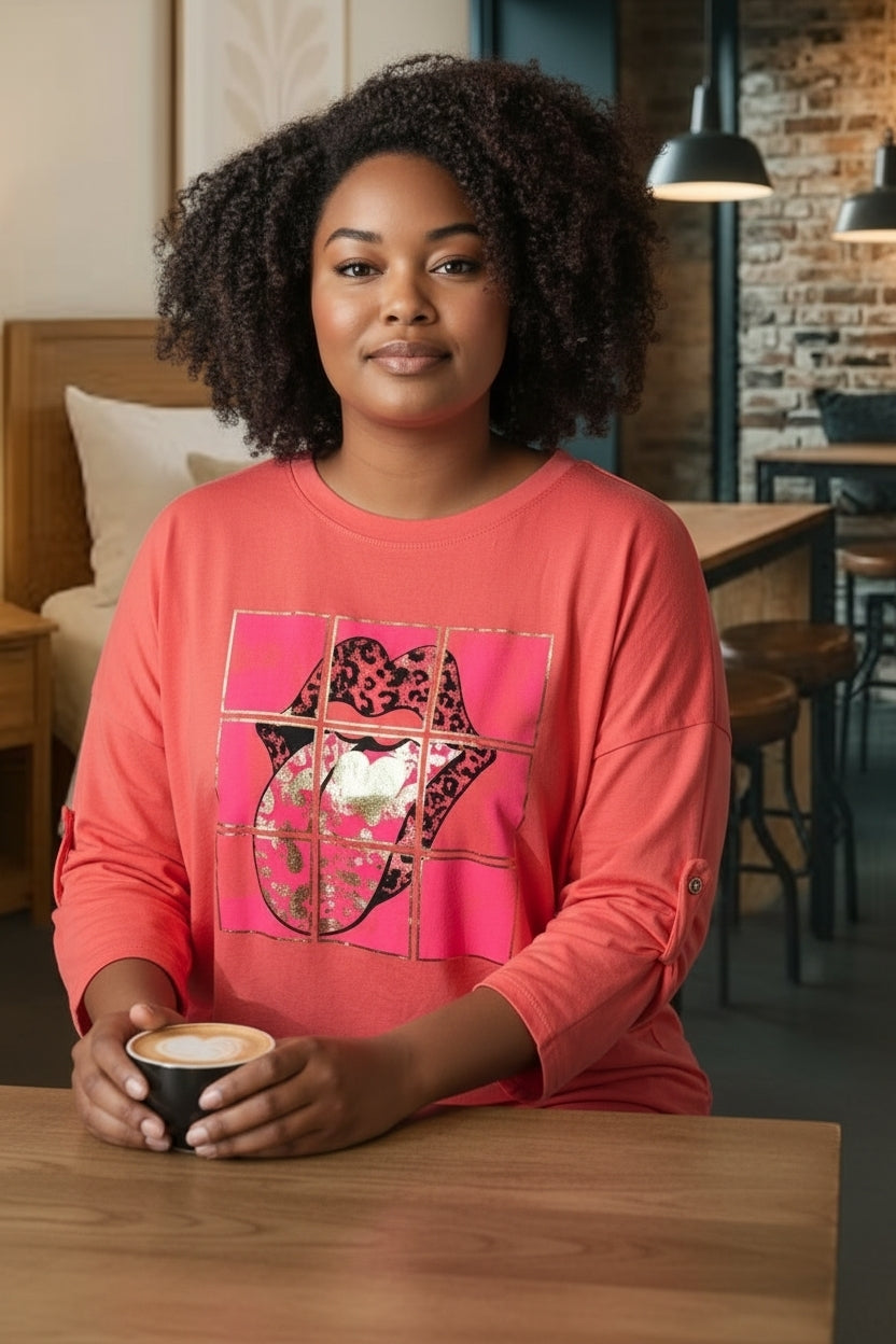 Curvy Size Shirt Longsleeve mit coolem Motiv 48 50 52 in 4 Farben