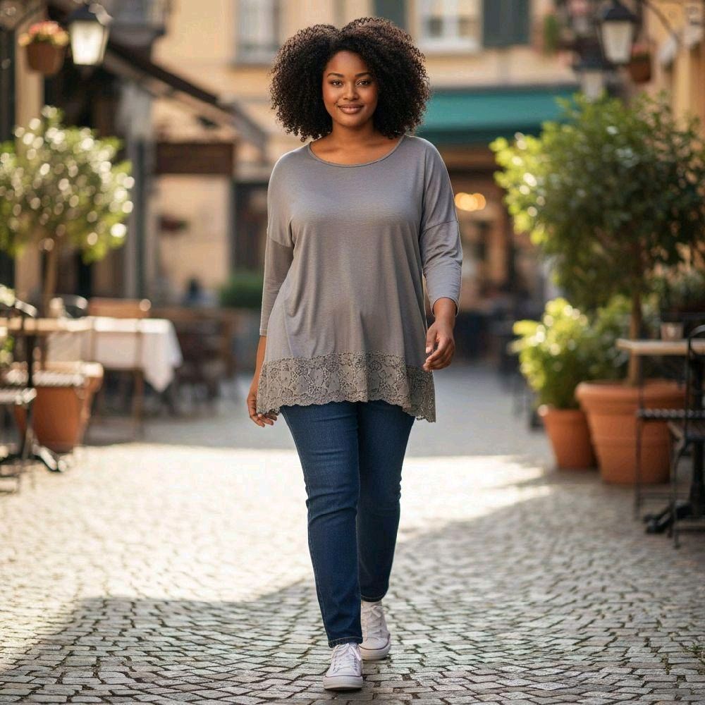Italy Mode Curvy Longshirt mit Spitze leichte Viskose Layering Style 48 50 52
