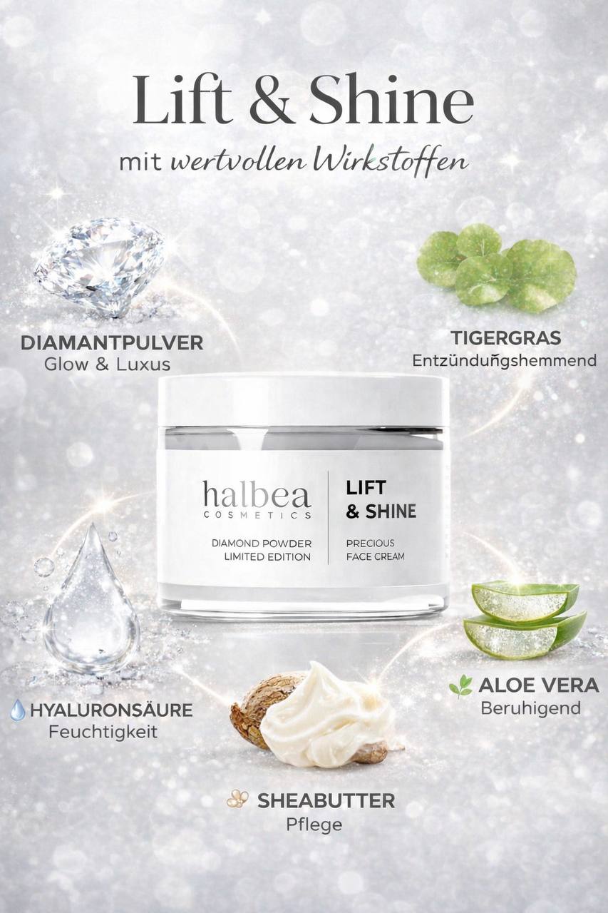 Halbea Cosmetics Diamond Glow Limited Edition - Gesichtscreme 'Lift & Shine' mit Diamantenpuder - 50ml für strahlende Haut