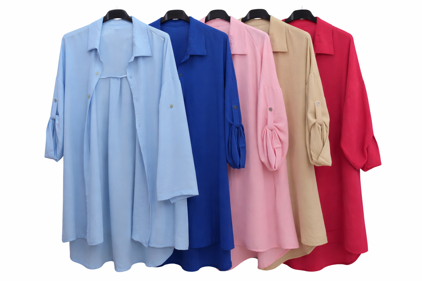 Italy Mode Oversize Longbluse Jäckchen Vokuhila Kofferware-Qualität 36-42 & 42-48 in vielen neuen Farben für Damen