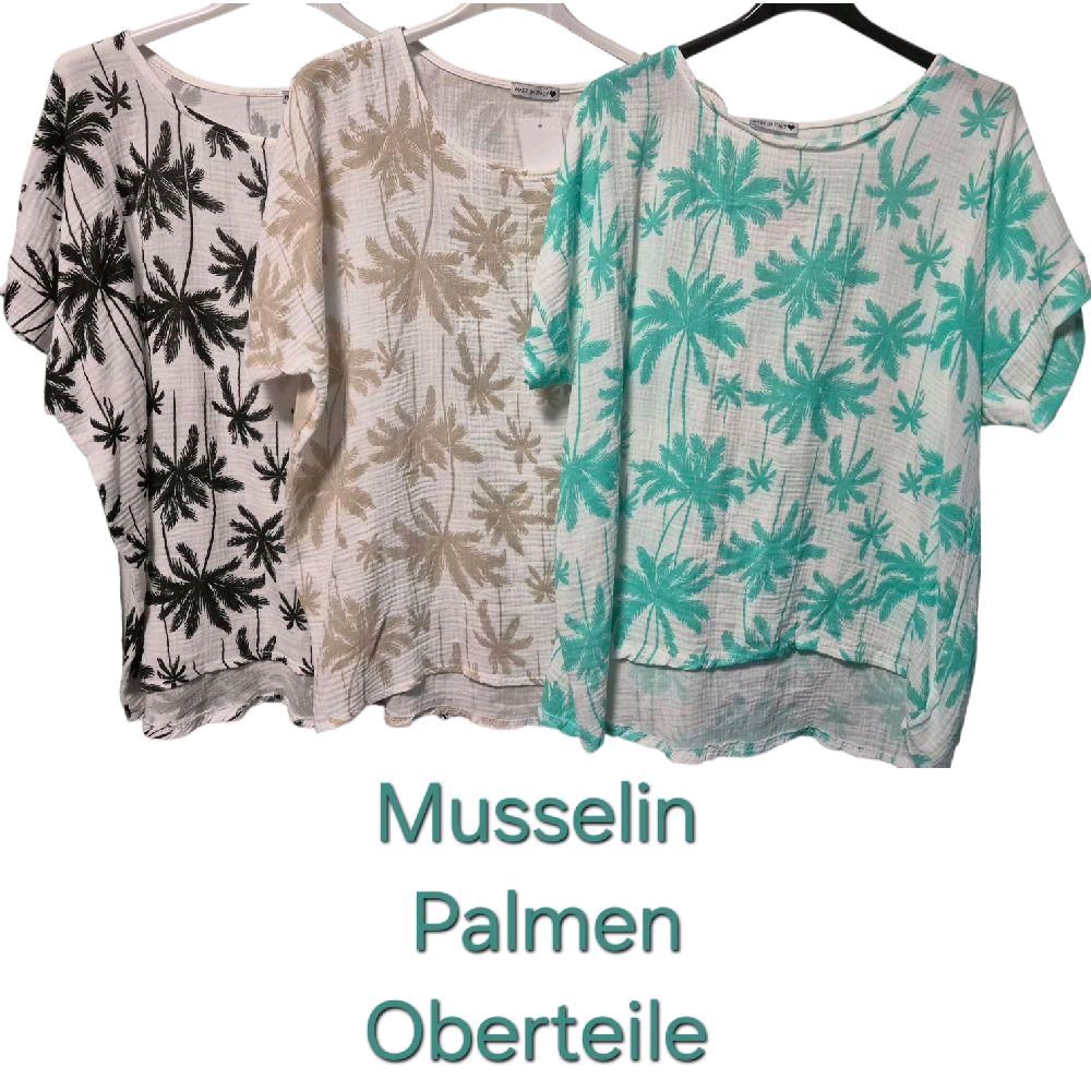 Italy Mode Oversize Musselin Shirt Palmenmuster 40-46 Sommer Baumwolle