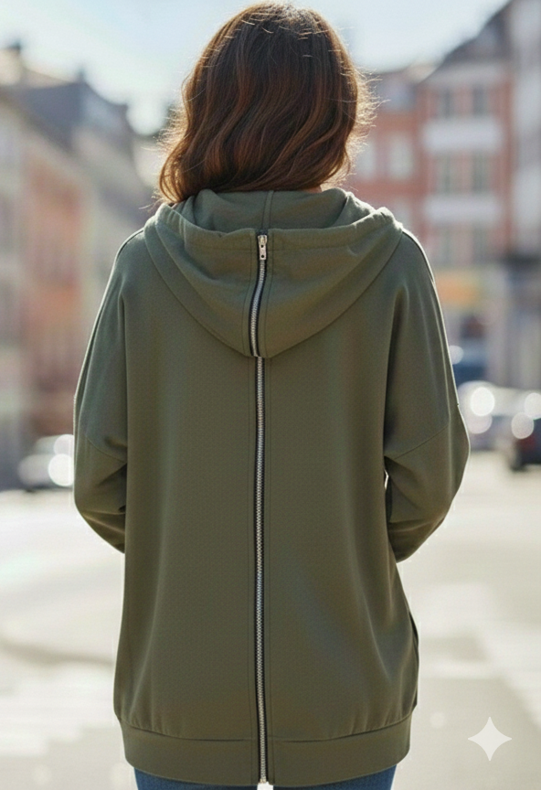 Ital. Longpullover Hoodie Sweatpullover mit Backzipper in 6 Farben 42-46