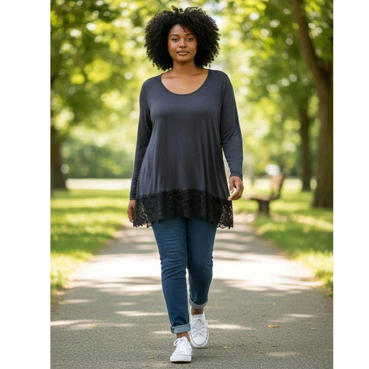 Italy Mode Curvy Longshirt mit Spitze leichte Viskose Layering Style 48 50 52