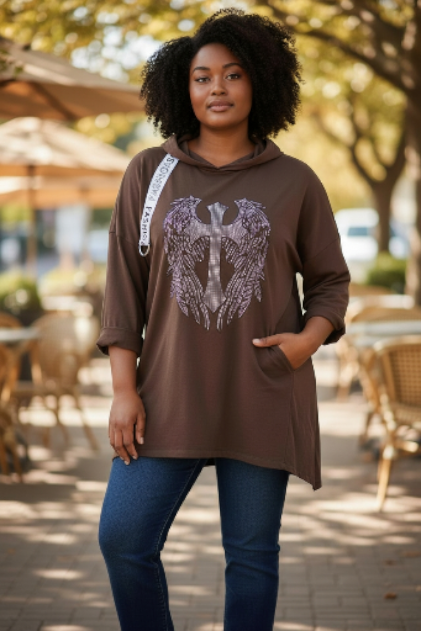 Italy Mode 🇮🇹 Hoodie-Style Longpullover Strass Schoko 44 46 48