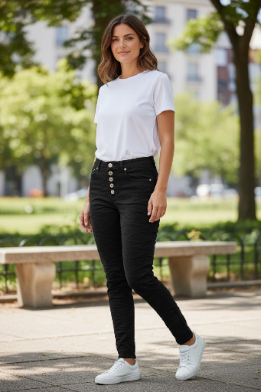 NEWPLAY 5 Button Jeanshose Stretch Sterneblem ☆ Optimale Passform Schwarz