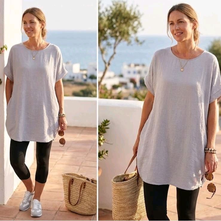 Italy Mode Silhoutte Longshirt Kleid Onesize 40-44 in vielen Farben Edgy-Touch seitliche Taschen Bügelfrei Kofferstoff