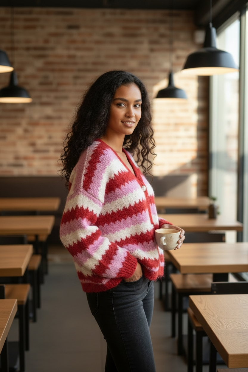 Lässige Grobstrick Strickjacke Pullover mit goldenen Knöpfen Oversize 38-42