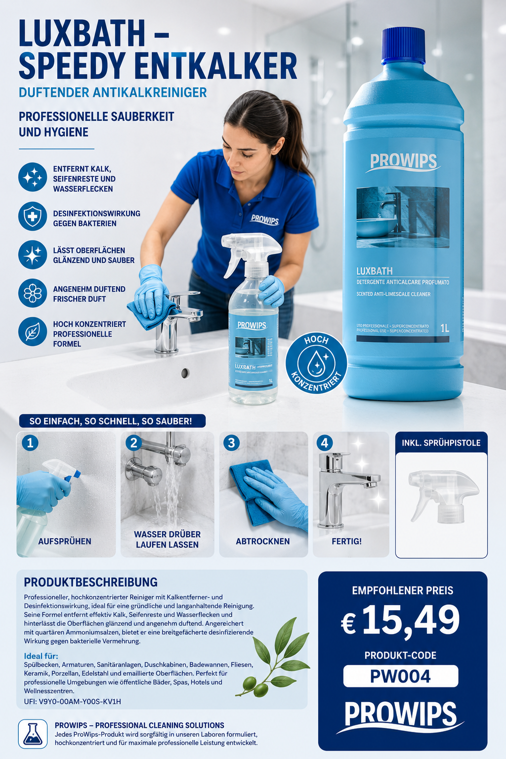 PROWIPS LUXBATH 💎 Duftender High Performance Entkalker Badreiniger HCCAP hochkonzentriert