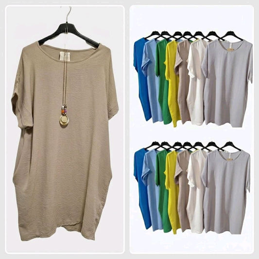 Italy Mode Silhoutte Longshirt Kleid Onesize 40-44 in vielen Farben Edgy-Touch seitliche Taschen Bügelfrei Kofferstoff