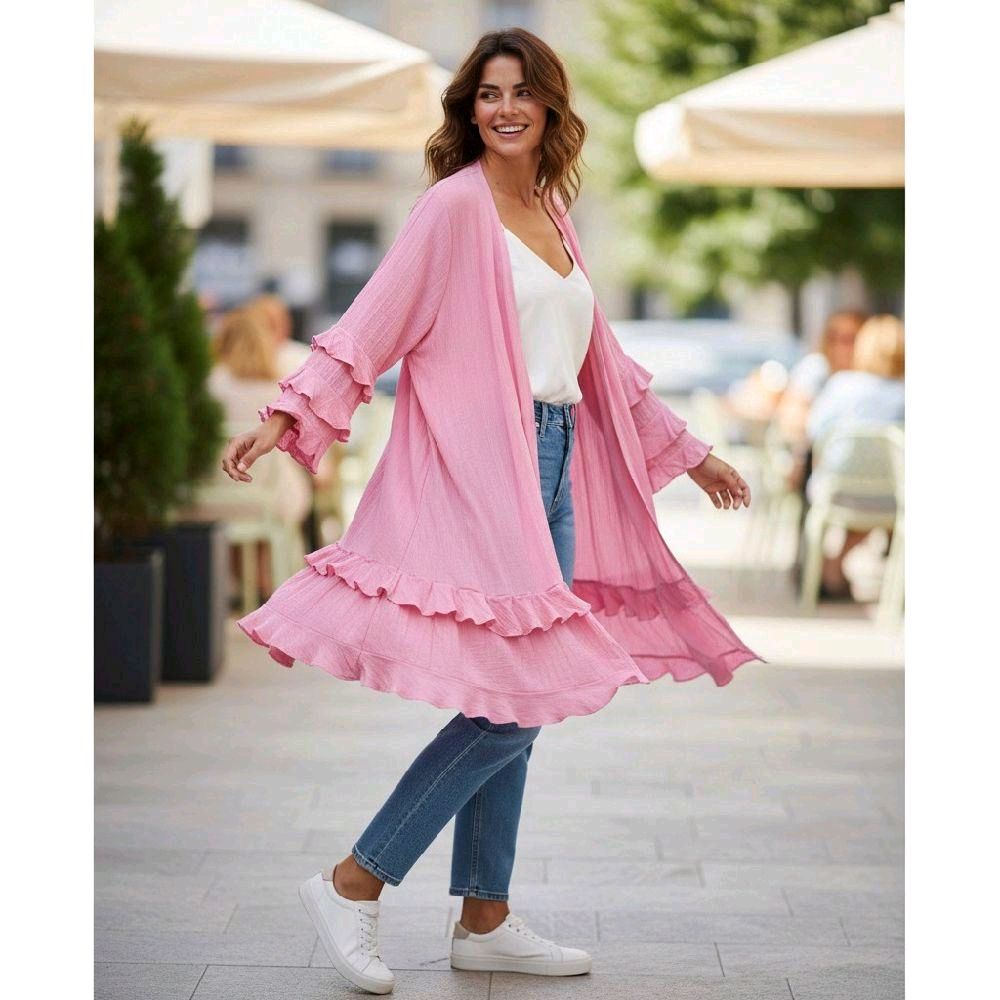 Italy Mode Premium Sommer Cardigan Volants Luftig Leicht Größe 42-46 für Damen in Pastellfarben