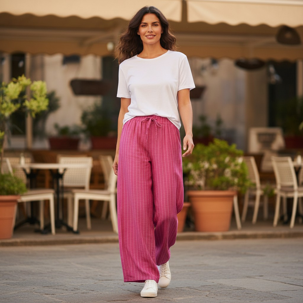 Italy Mode Sommerhose Stoffhose mit feinen Nadelstreifen Weites Bein Gummibündchen Einheitsgröße 38-42/44  Viskose Elasthan