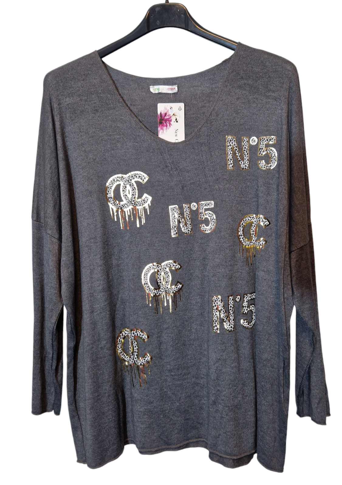 Italy Mode 🇮🇹 Butterstoff Oversize Pullover mit Gold Print Medium Size