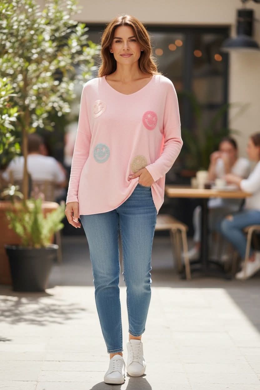 Italy Mode Smiley Butterweiche Dünne Oversize Pullover Onesize 38-46 Frühlingskollektion in 6 Farben