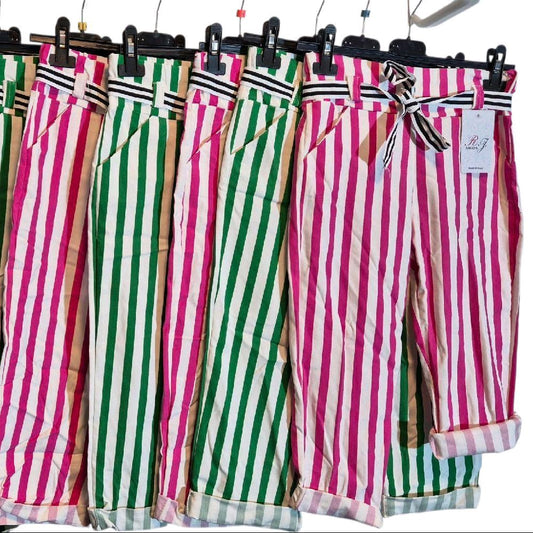 Italy Mode Bermuda Shorts Stretch Jogpants S M L XL Rosa Grün Streifen Design Komfortabel