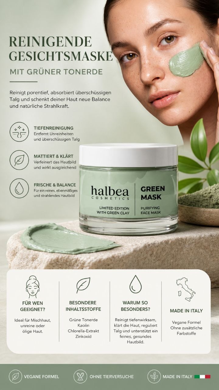 Halbea - Grüne Tonerde - Detox Reinigende Gesichtsmaske - Limited Edition - 50ml Vegan
