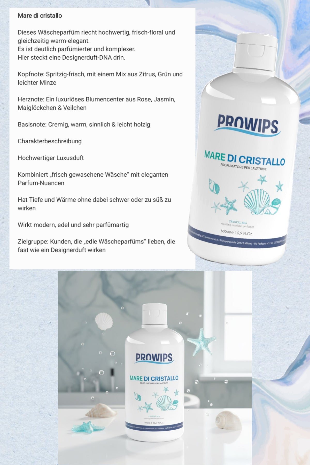 PROWIPS Wäscheduft 💎 Parfüm für Waschmaschinen -  Frische + Pflege für Textilien 500ml  hochkonzentriert / vegan
