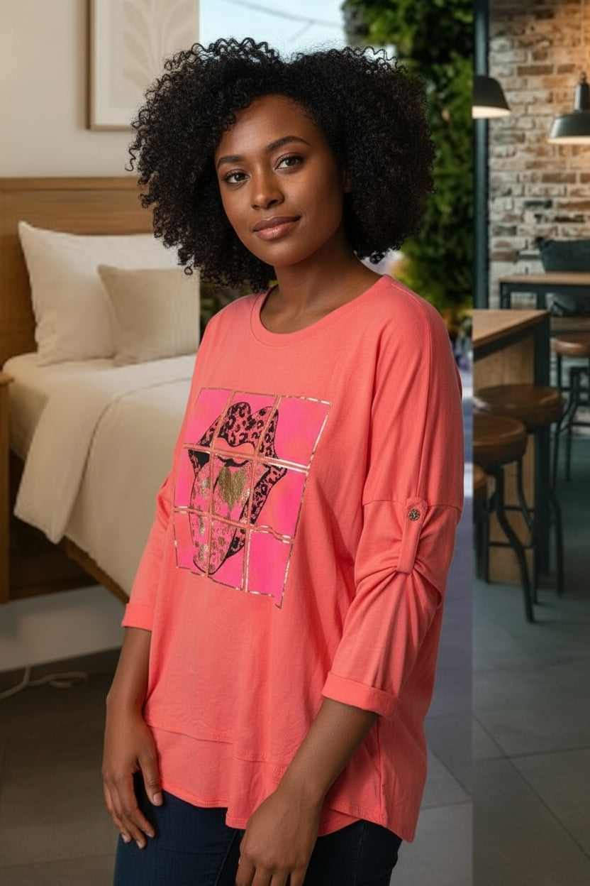 Curvy Size Shirt Longsleeve mit coolem Motiv 48 50 52 in 4 Farben