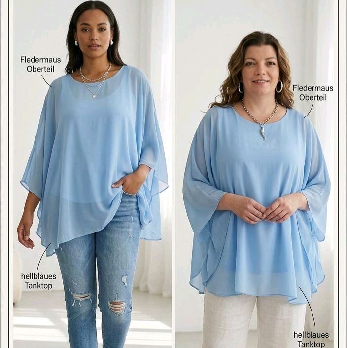 Italy Mode Butterfly Oversize Figurschmeichler Chiffon Tunika Bluse Onesize = 42 bis 48 in vielen Farben aktuelle Kollektion