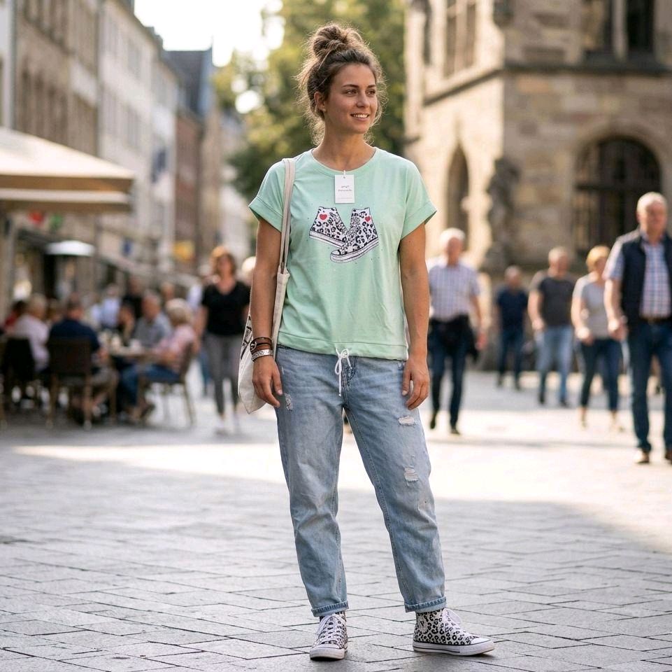 Italy Mode Legere Shirts mit Leo Chucks Print Onesize 36-44 Strasssteinen besetzt Stilvolle Oberteile für vielseitige Outfits