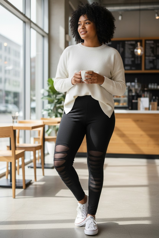 Cut Out Leggings Hose Schwarz Premium Qualität Baumwolle Hochelastisch Onesize Gr. 40 bis 48