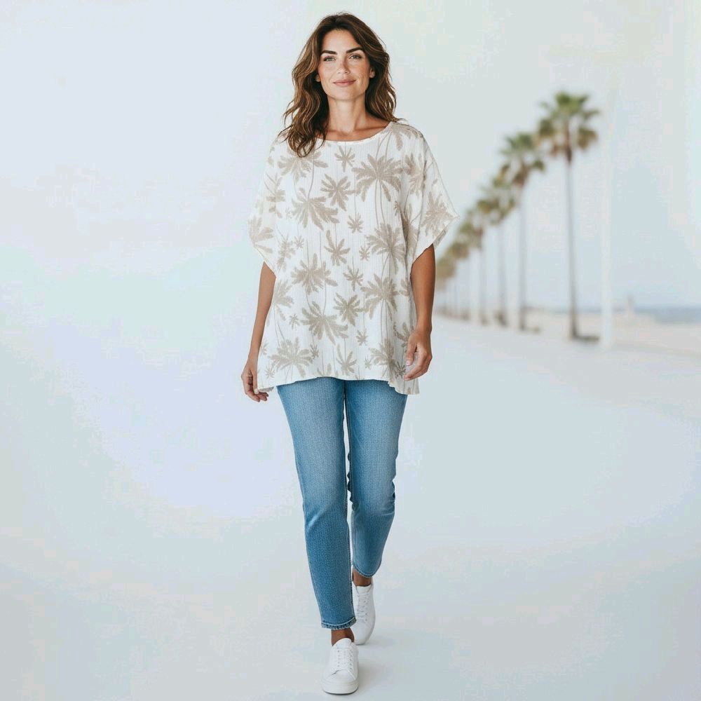Italy Mode Oversize Musselin Shirt Palmenmuster 40-46 Sommer Baumwolle