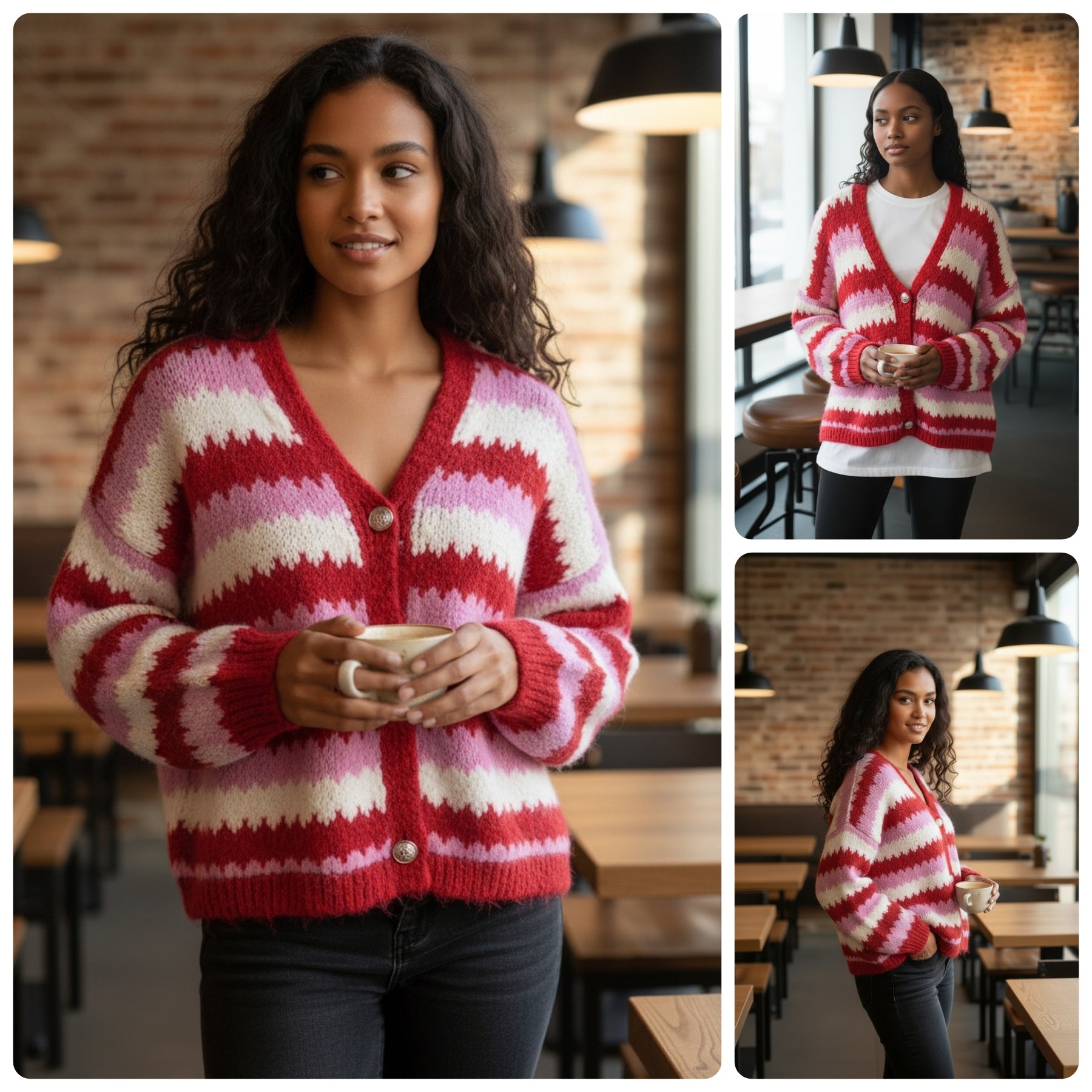 Lässige Grobstrick Strickjacke Pullover mit goldenen Knöpfen Oversize 38-42