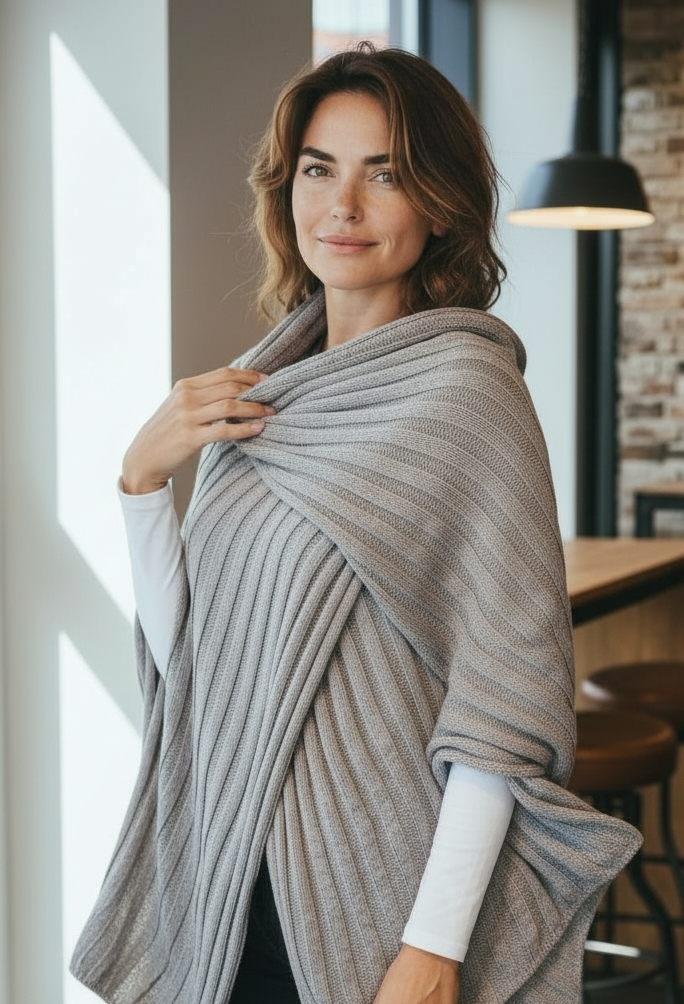 Ital. Mode Poncho-Style Cape Cardigan Long Pullover Grau ONESIZE